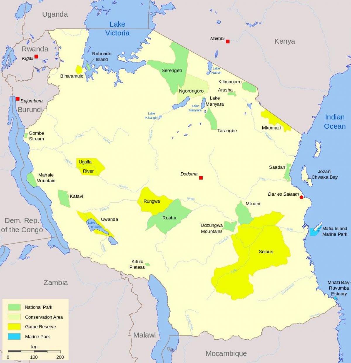 خريطة تنزانيا المتنزهات الوطنية والمحميات