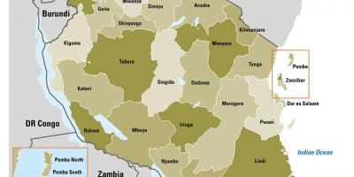 خريطة تنزانيا تظهر المناطق