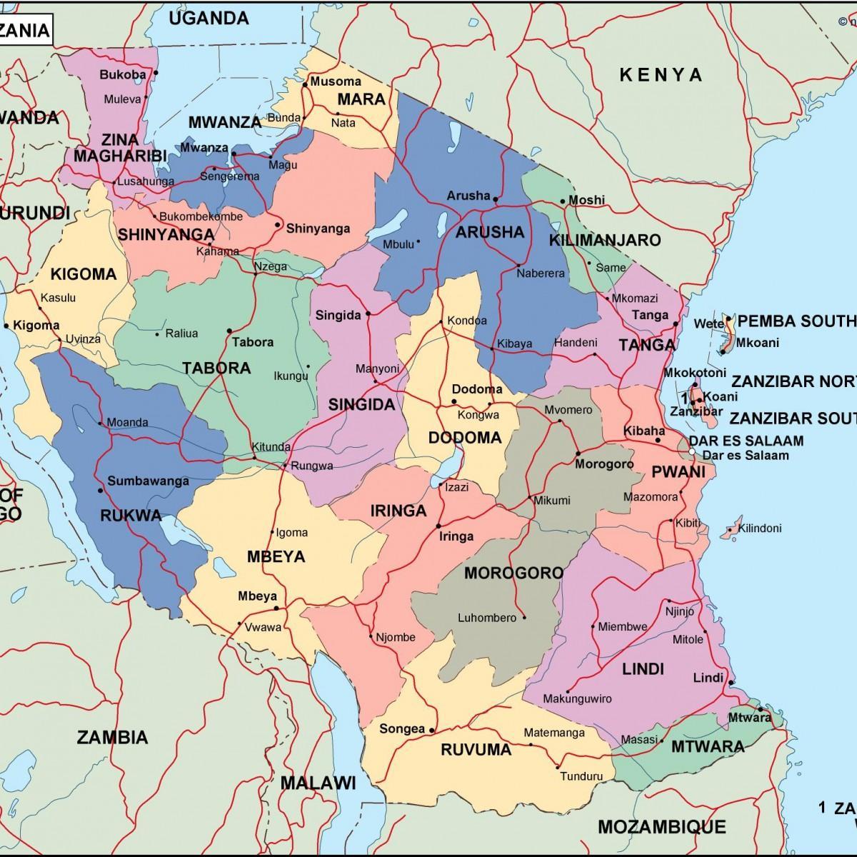 خريطة تنزانيا السياسية