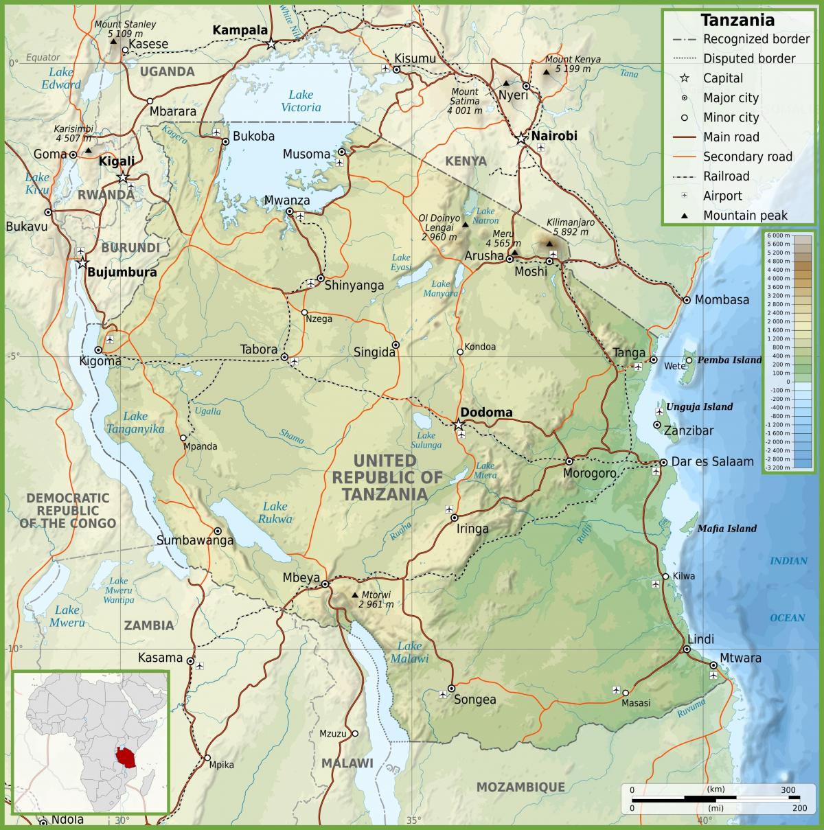 تنزانيا خارطة الطريق مع كيلومتر