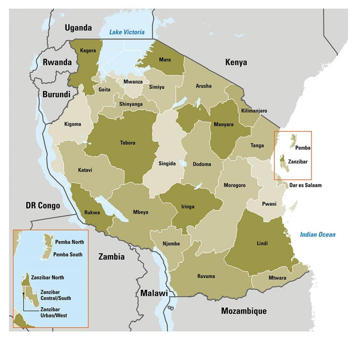خريطة تنزانيا تظهر المناطق