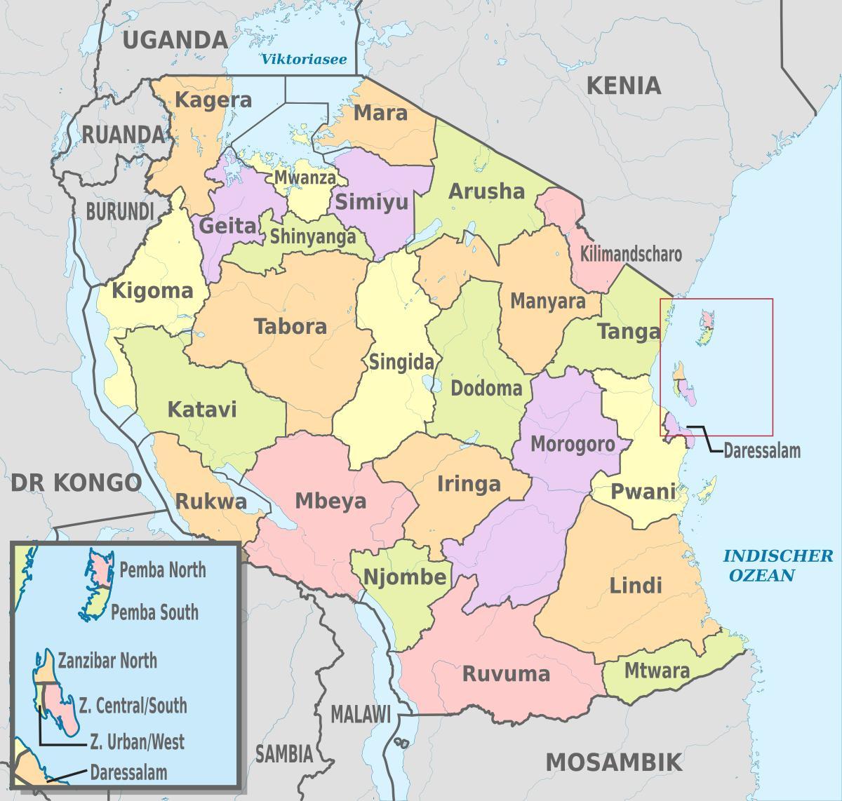 خريطة تنزانيا تظهر المناطق والمقاطعات