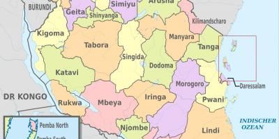 تنزانيا الخريطة مع مناطق جديدة